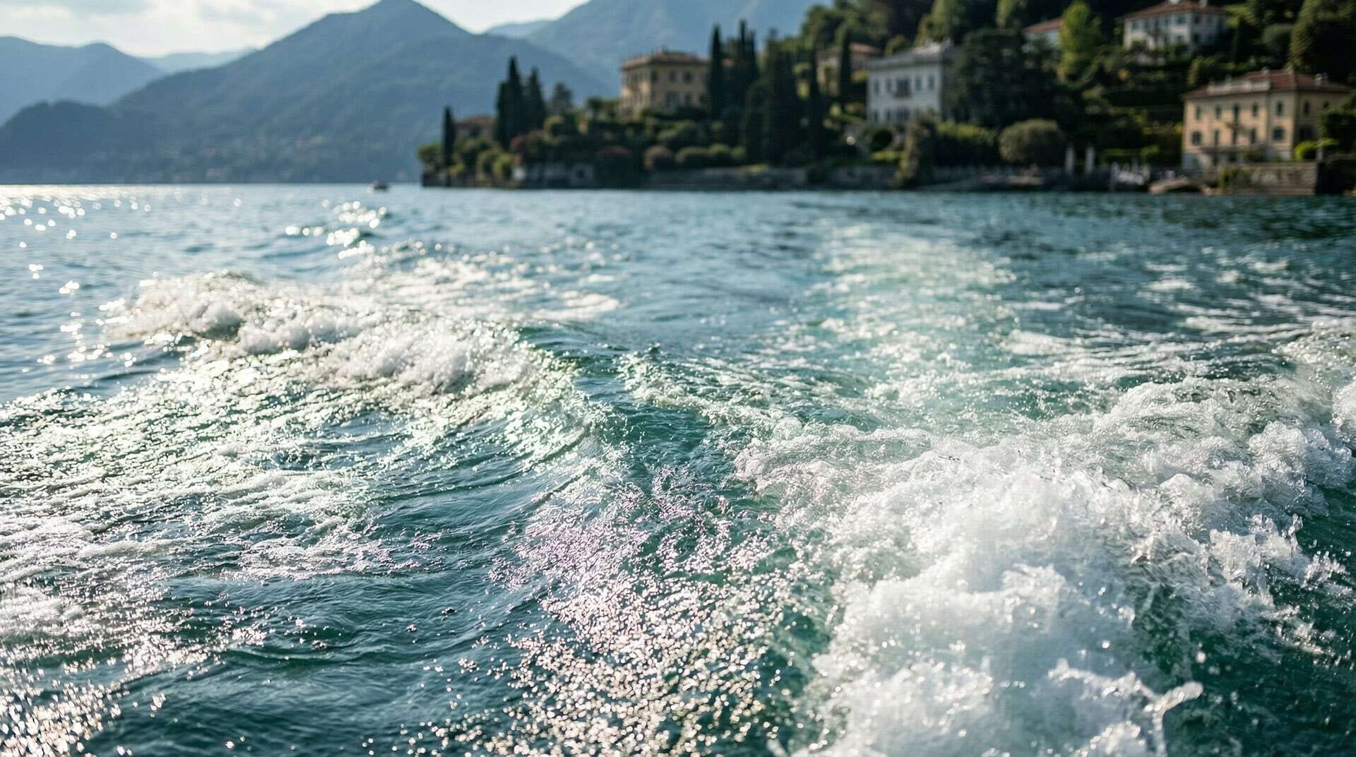 Foto del Lago di Como scattata da un motoscafo in movimento.